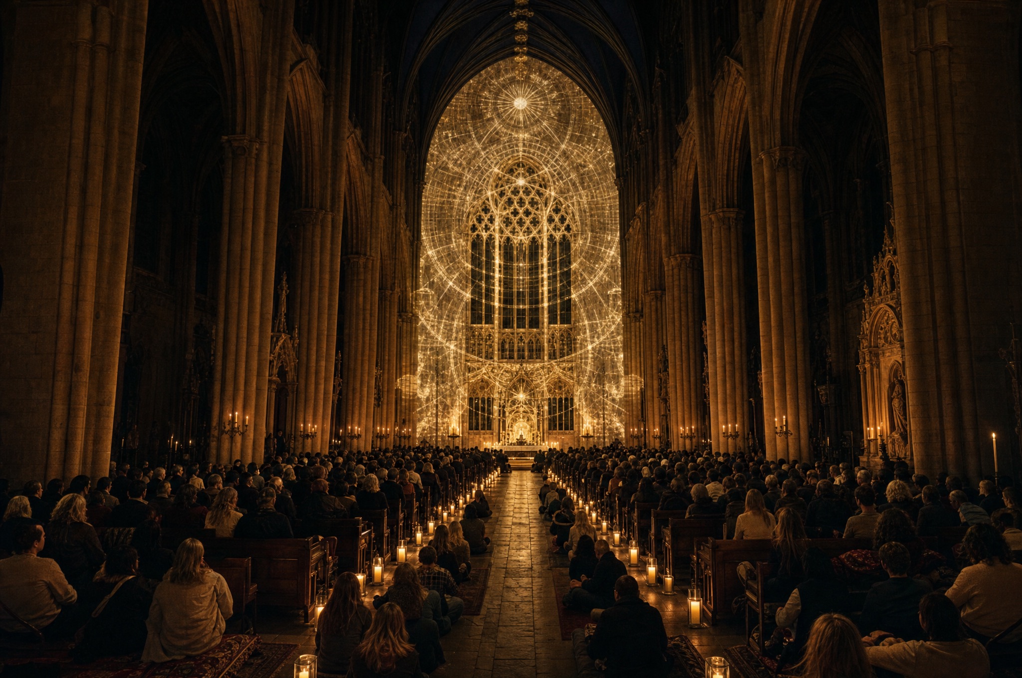 An audience filling the nave of a great gothic cathedral at night, facing an enormous projection of luminous gold geometry across the vaulting and the east window, hundreds of candles along the aisle.