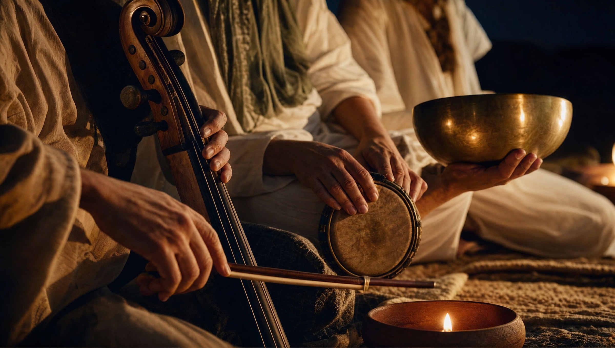 Close detail of musicians' hands at night — a cello and bow, a hand-drum and a brass singing bowl lit in warm gold.