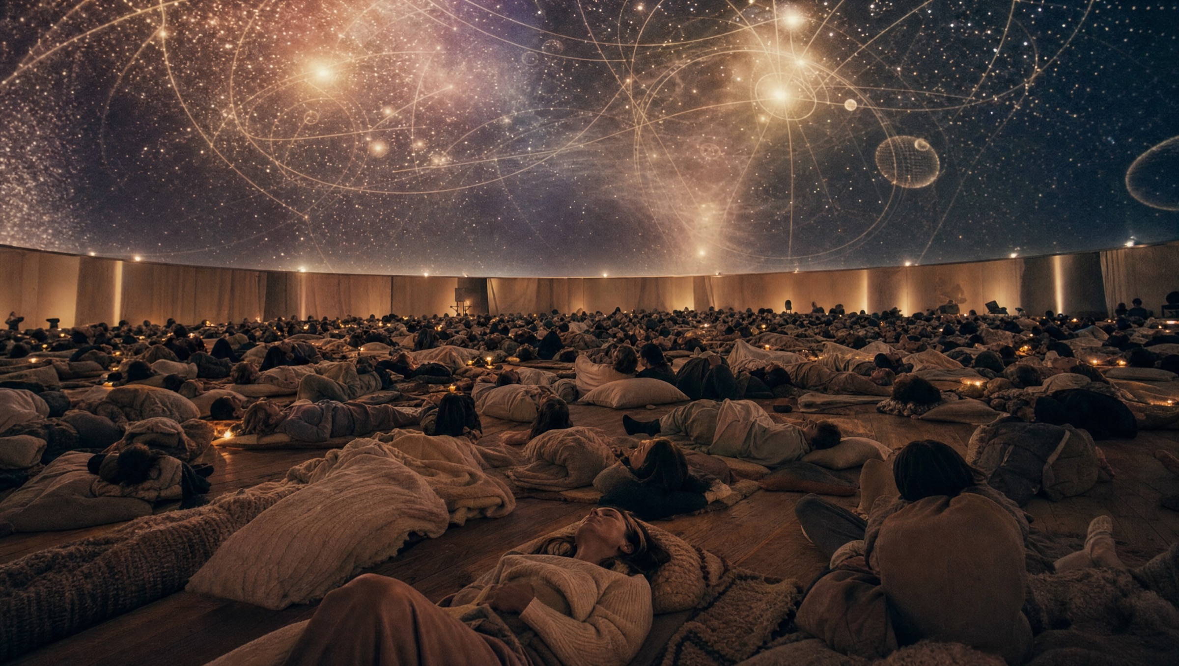 People reclining on blankets inside a large dome at night, looking up at a soft gold and indigo projection of light and stars across the curved ceiling.