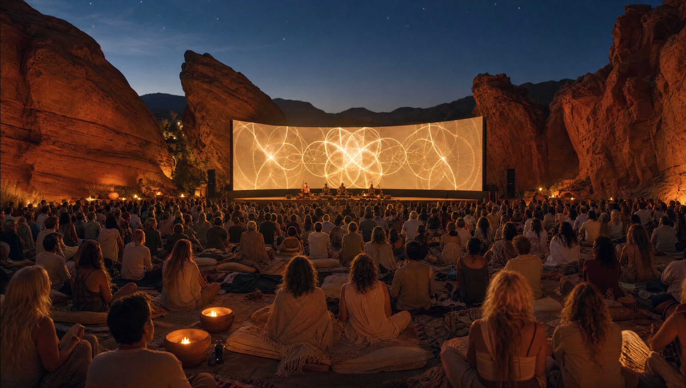 Around a thousand people seated on blankets and cushions in a red-rock desert amphitheater at dusk, facing a wide screen of luminous gold sacred geometry, candle bowls between them.