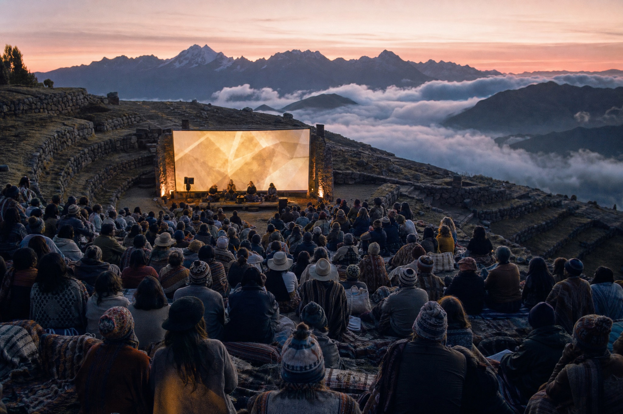 Several hundred people wrapped in woven blankets seated on ancient Andean stone terraces at dawn, cloud filling the valley below, facing a soft gold screen.