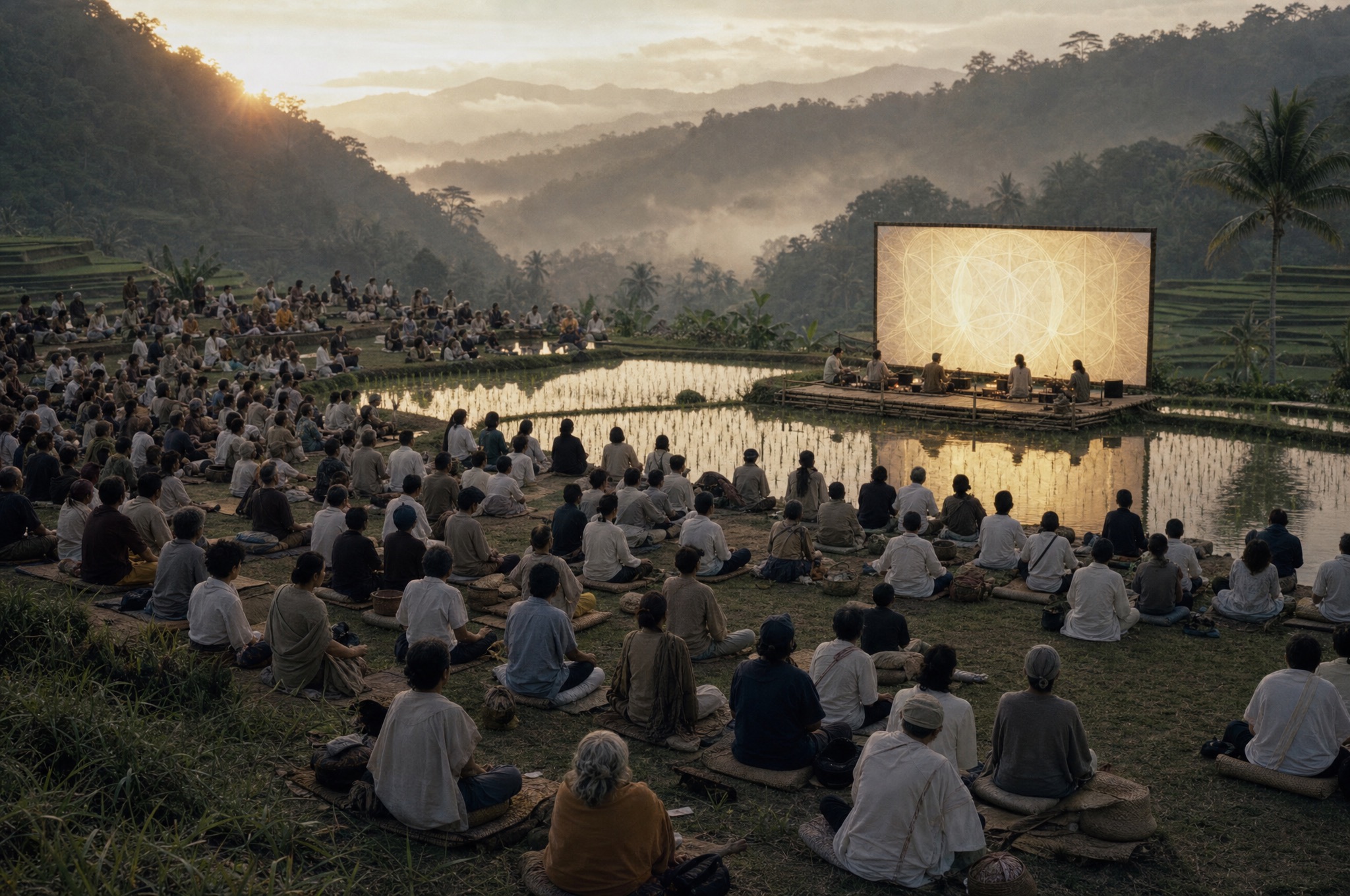 Several hundred people seated on woven mats among misty terraced rice fields at dawn, facing a soft gold screen mirrored in the still water.