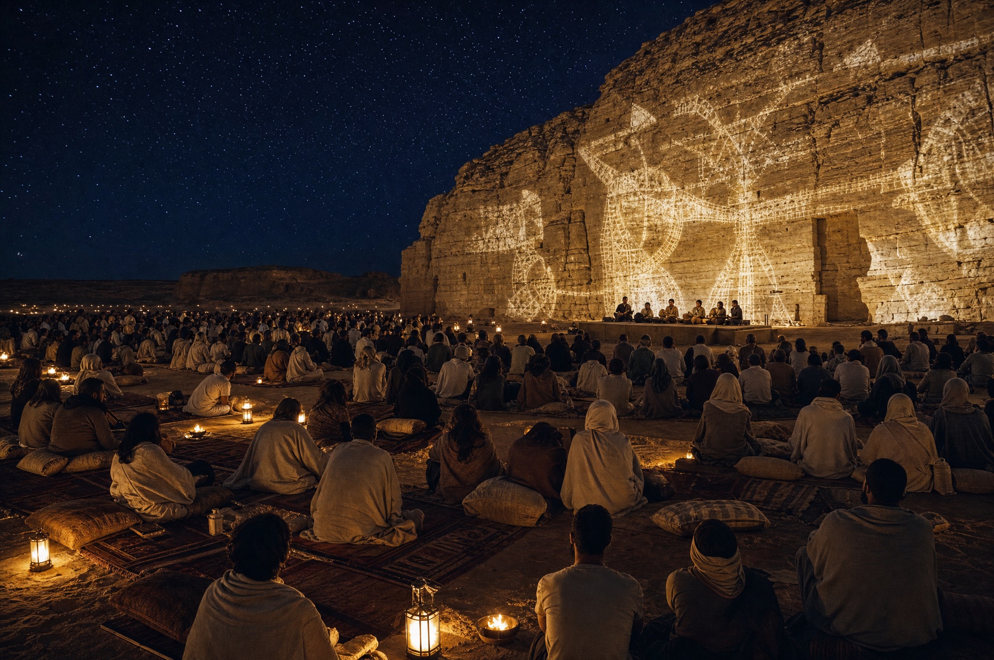 About a thousand people seated on rugs on desert sand at night, facing a soft gold projection across an ancient limestone wall beneath a sky full of stars.