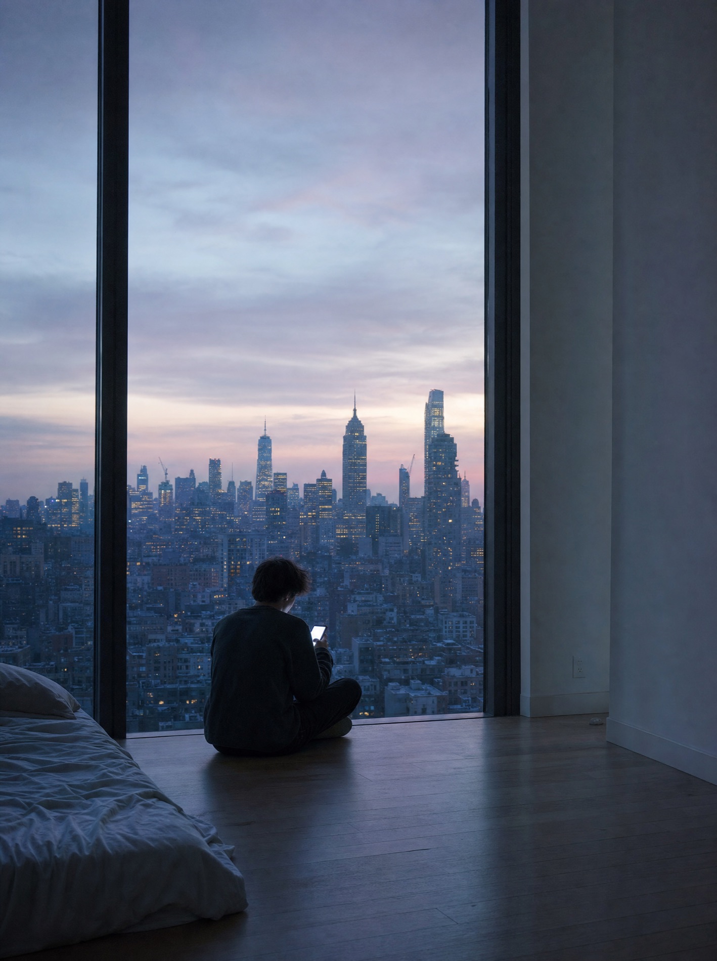 A young person sitting alone on the floor of a large sparse apartment at dusk, lit by a phone and by city light through a wide window.