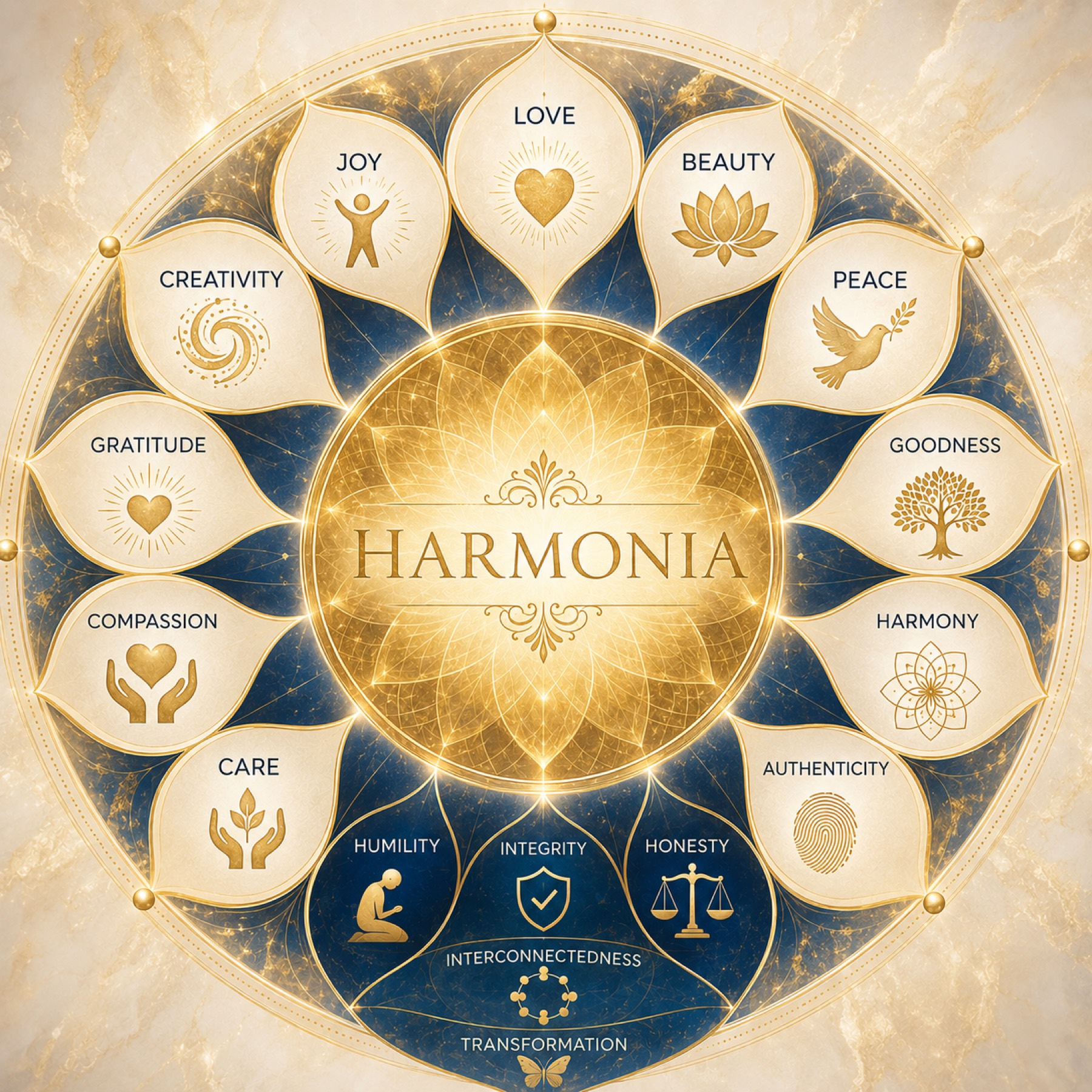 The Harmonia constellation: sixteen core values arranged as gold petals around a central medallion — Love, Joy, Beauty, Peace, Goodness, Harmony, Authenticity, Honesty, Integrity, Care, Compassion, Gratitude, Creativity, Humility, Interconnectedness and Transformation.